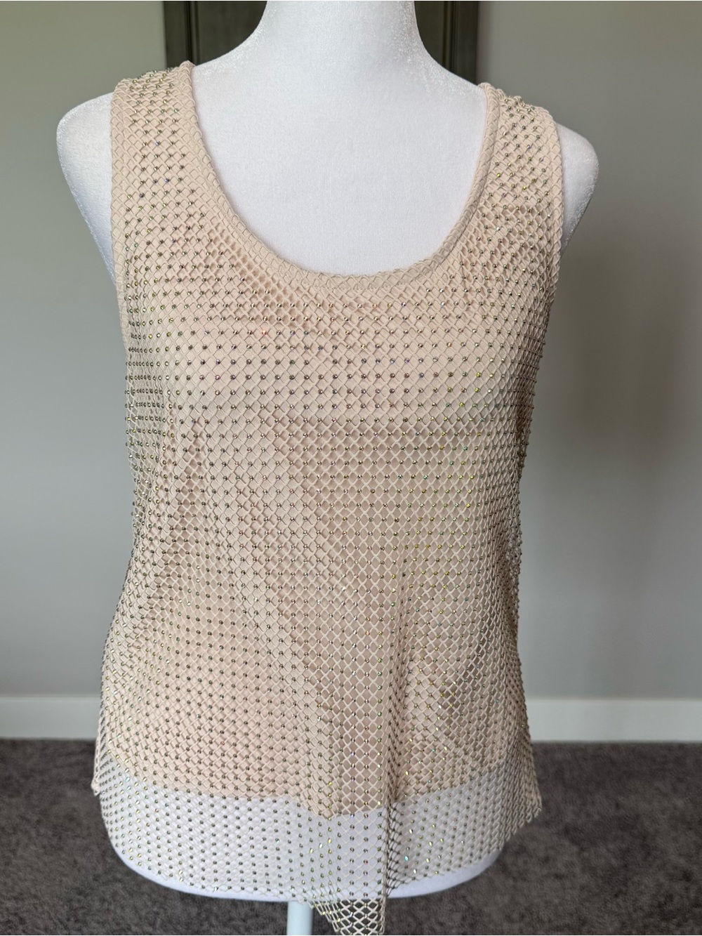Anthropologie Beaded Nude Mesh Tank Top